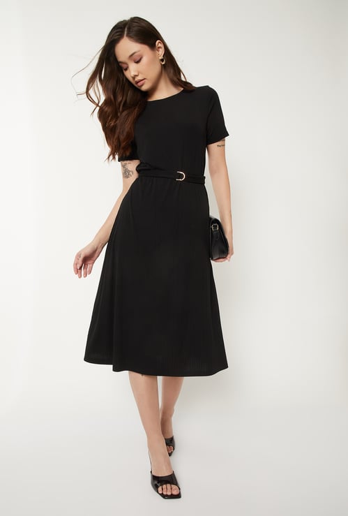 Women Textured A-line Belted Dress