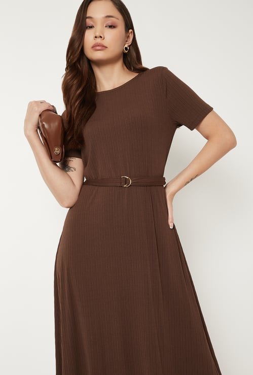 Women Textured A-line Belted Dress