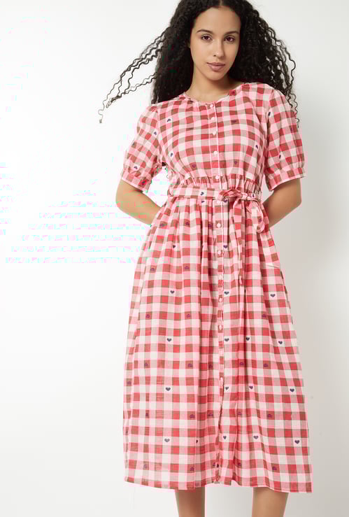 Women Checked A-line Belted Dress
