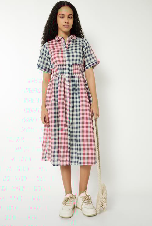 Women Checked A-line Shirt Dress