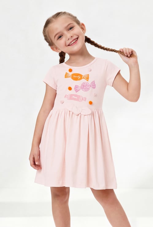 Girls Printed Dress with Pompom Accents