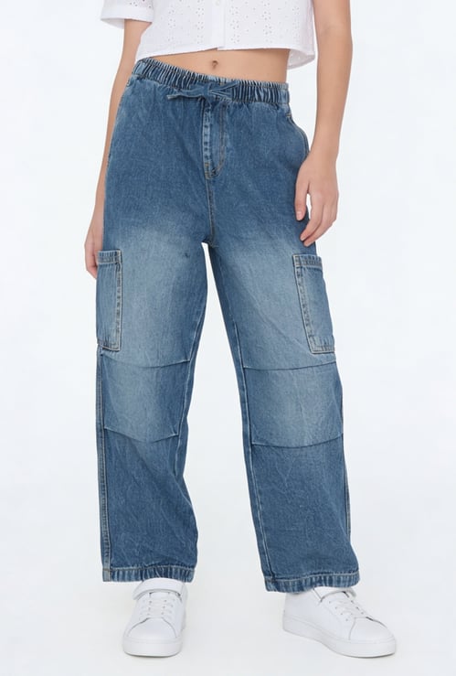 Girls Relaxed Fit Wide Leg Faded Jeans