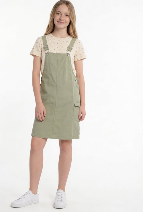 Girls Solid Pinafore Dress with T-shirt