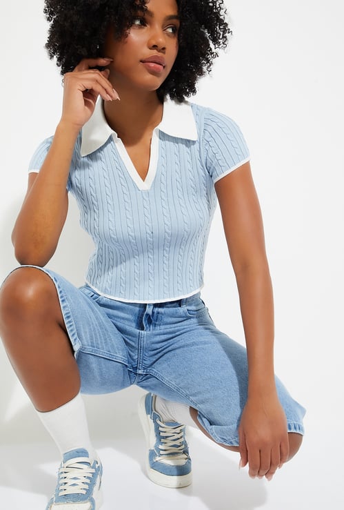 URB_N Women Knit Johnny Collar T-shirt