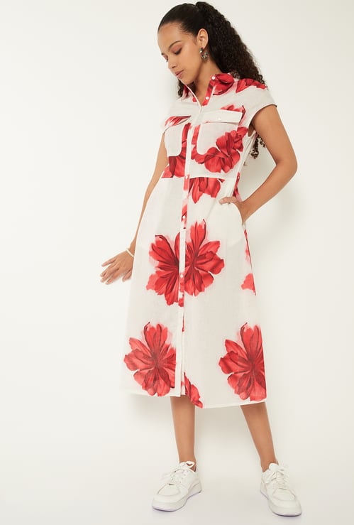 Women Floral Print Shirt Dress