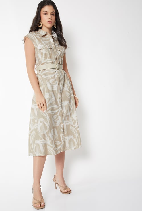 Women Printed Belted Shirt Dress