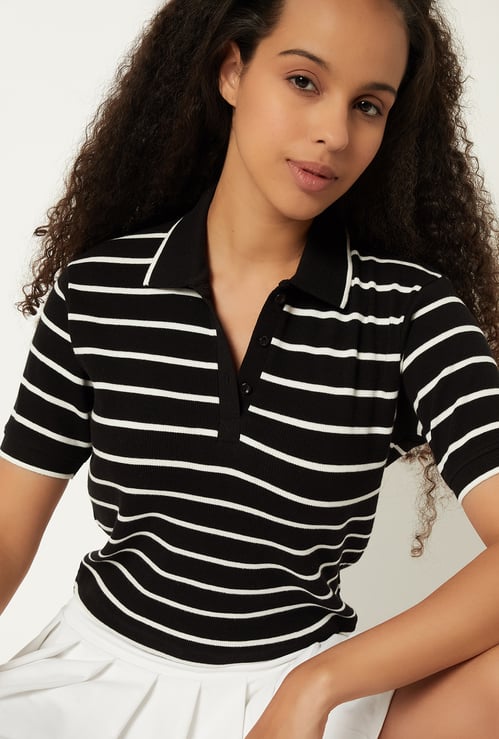 Women Striped Athleisure Polo T-shirt
