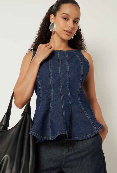 Women Pintuck Denim Peplum Top