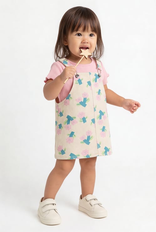 Girls Printed Pinafore Dress with T-shirt