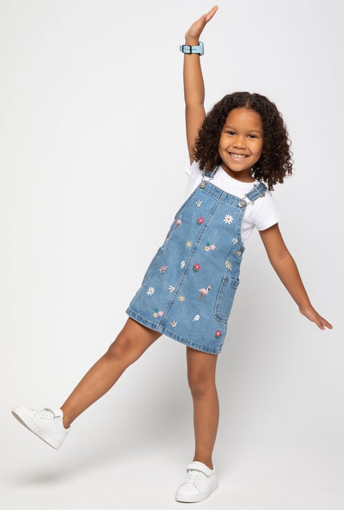 Girls Embroidered Dungaree Dress with T-shirt