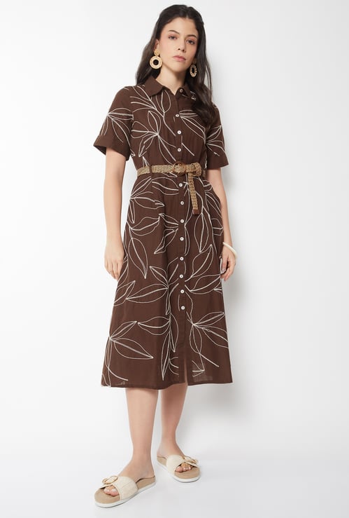 Women Embroidered Belted Shirt Dress