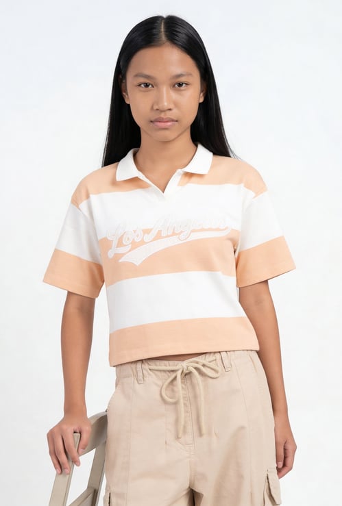 Girls Striped Johnny Collar Boxy T-shirt