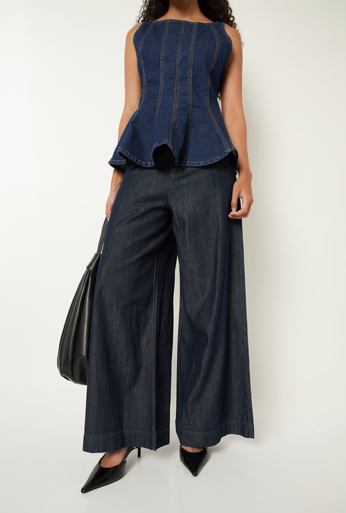 Women Solid Wide Leg Denim Trousers