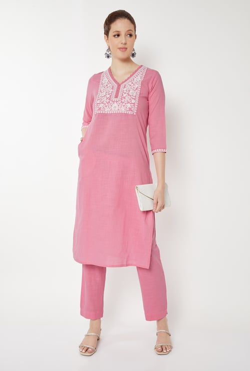 Women Embroidered Straight Kurta Set