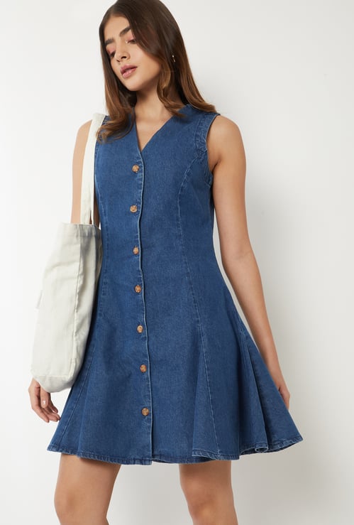 Women Panelled Denim Skater Dress