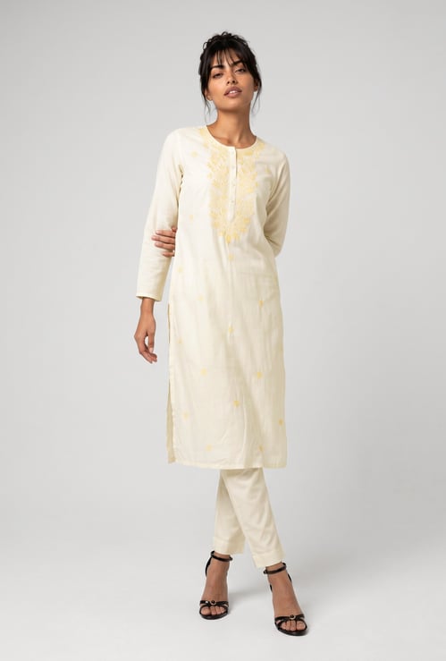 Women Embroidered Straight Kurta Set