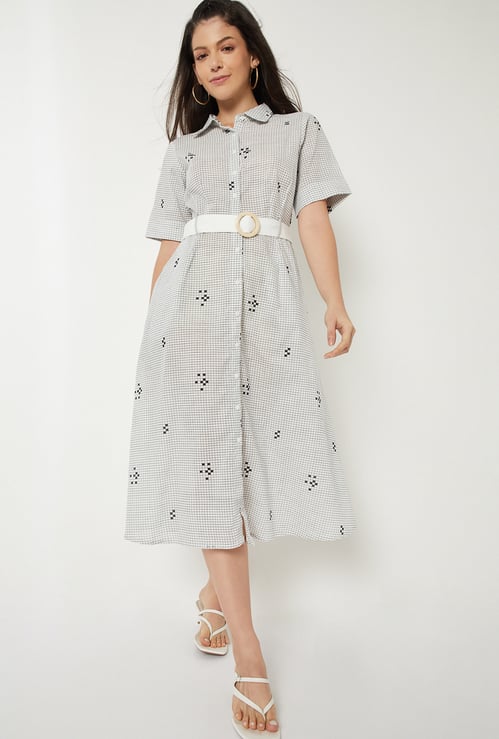 Women Checked Shirt Dress with Belt