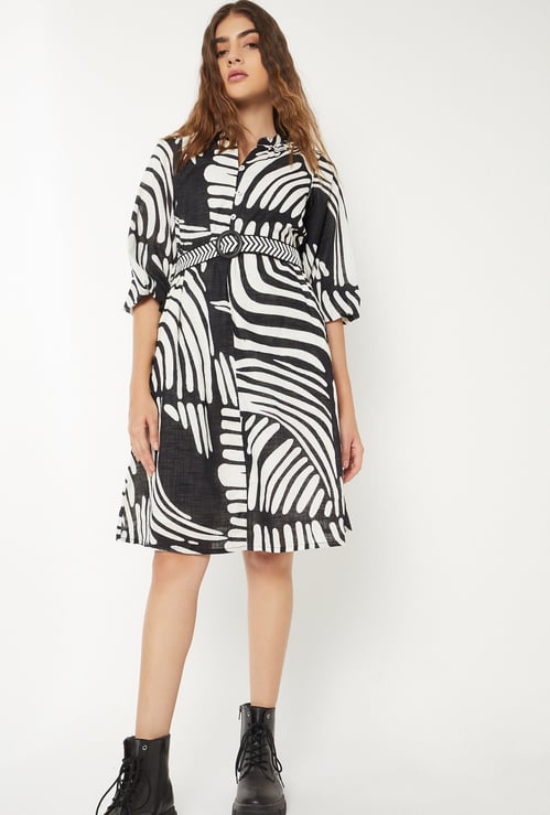 Women Abstract Printed Belted Shirt Dress