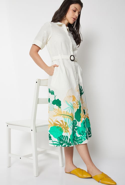 Women Printed Belted Shirt Dress