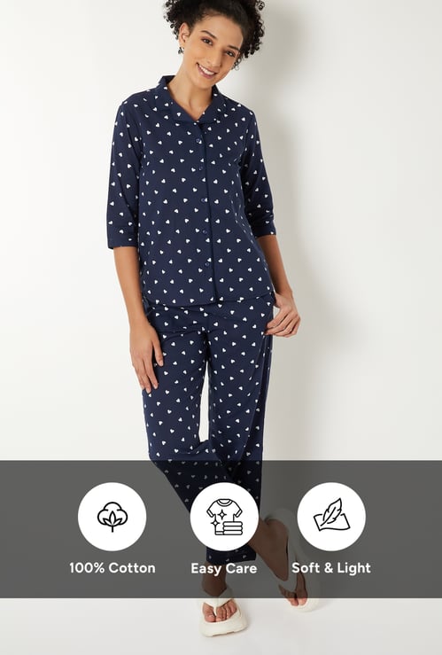 Women Pure Cotton Heart Printed PJ Set