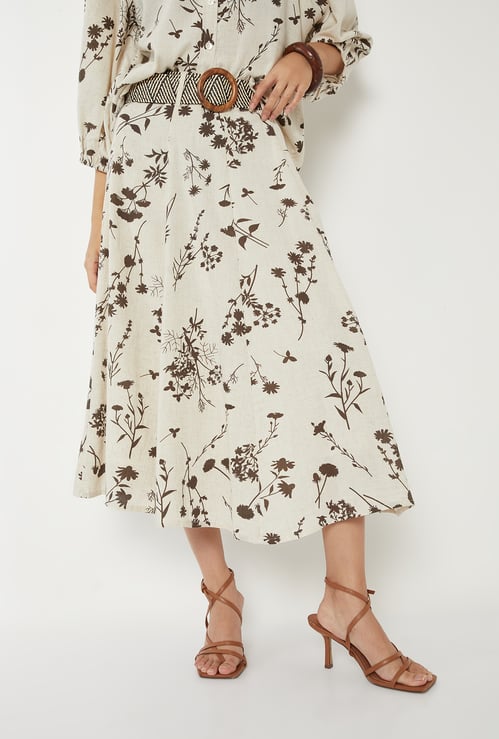 Women Printed A-line Midi Skirt with Belt