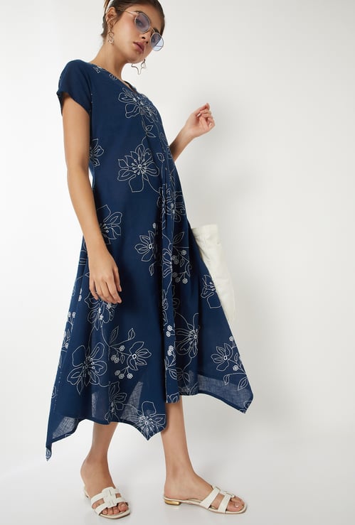 Women Embroidered Asymmetric Midi Dress