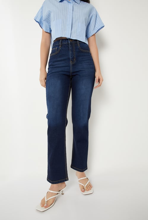 Women Dark Washed Slim Straight Jeans