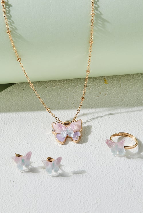 Girls Butterfly Necklace Set with Ring