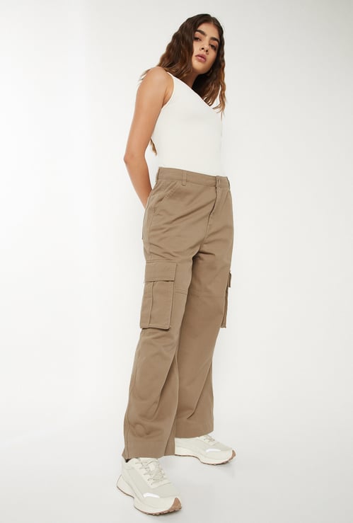 Women Solid Wide Leg Cargo Trousers