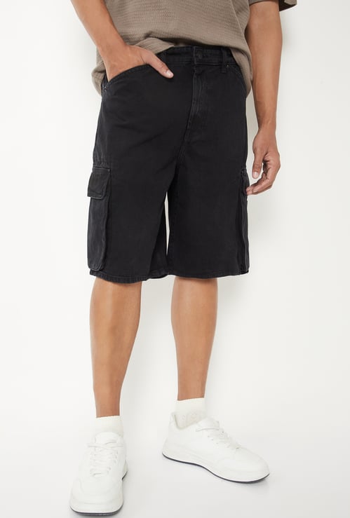 Men Washed Denim Cargo Shorts