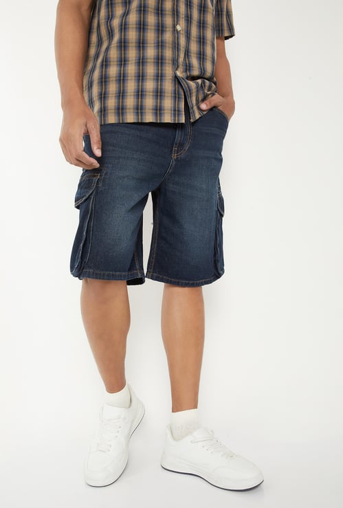 Men Washed Denim Cargo Shorts
