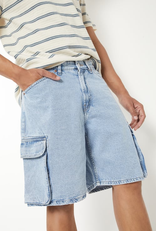Men Washed Denim Cargo Shorts