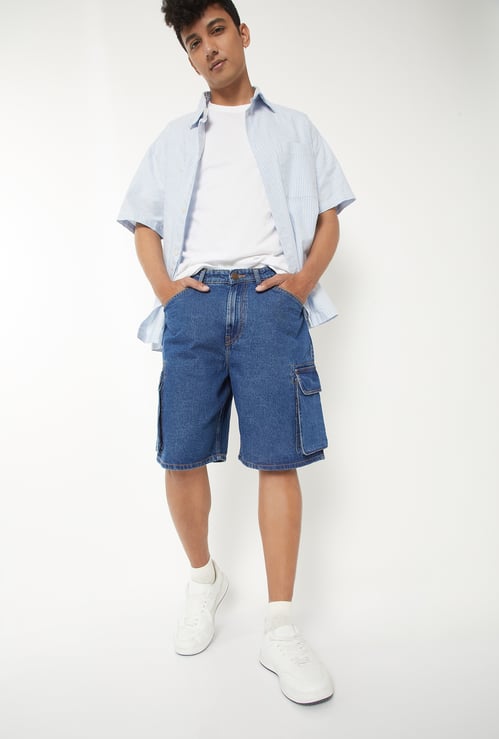 Men Washed Denim Cargo Shorts