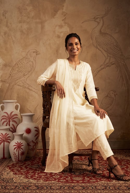 Women Embroidered A-Line Kurta Set with Dupatta