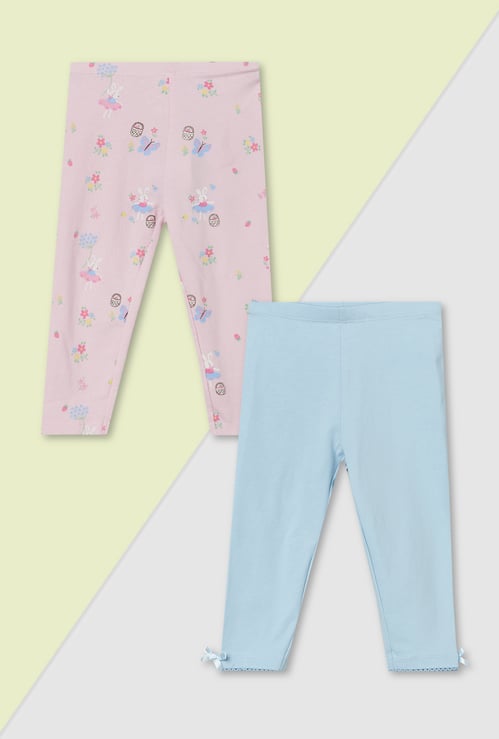 Girls Printed and Solid Leggings - Pack of 2