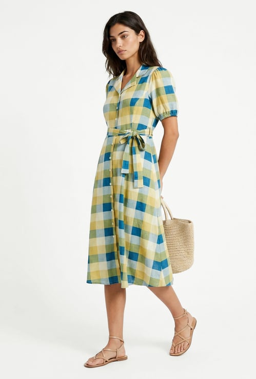 Women Checked Belted Shirt Dress