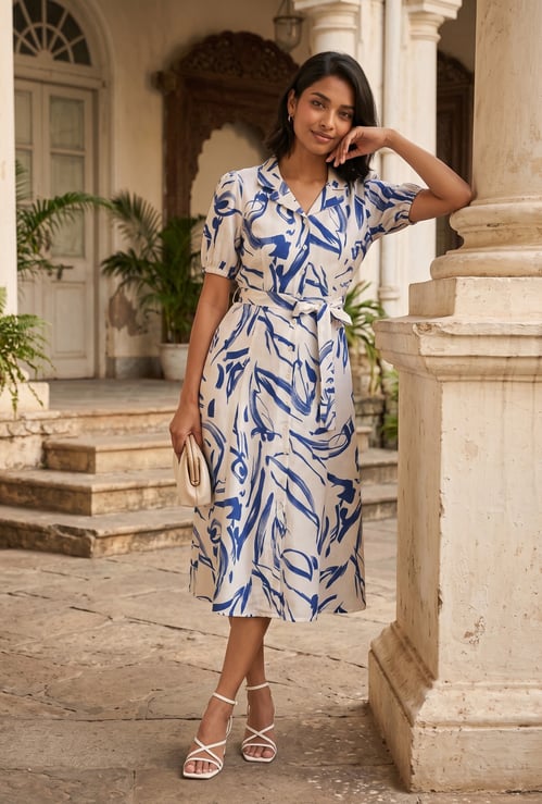 Women Printed Belted Midi Dress