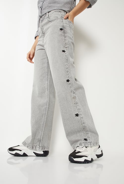 Women Embroidered Wide Leg Jeans