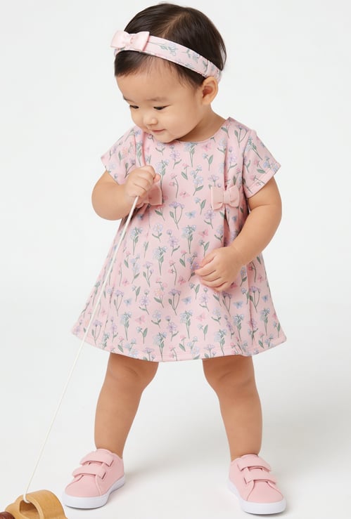 Girls Floral Printed Dress with Headband