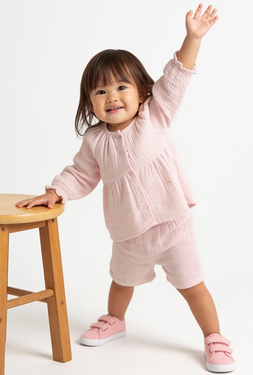 Girls Floral Embroidered Shorts Set