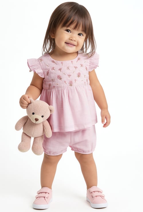 Girls Embroidered Shorts Set