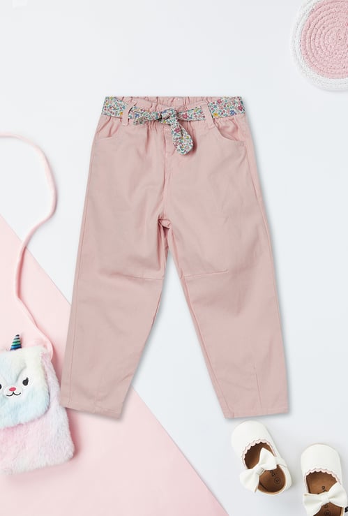 Girls Mom-Fit Trousers with Floral-Print Belt