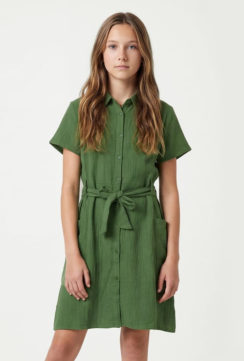 Girls Solid Shirt Dress with Belt