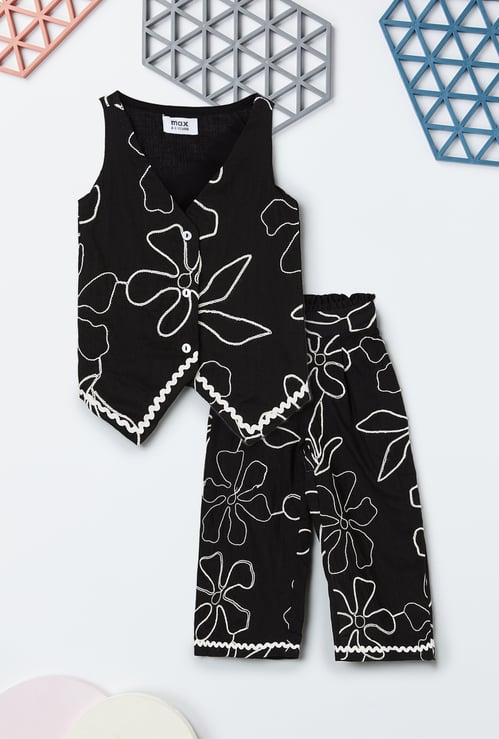 Girls Floral Embroidered Top and Trousers Set