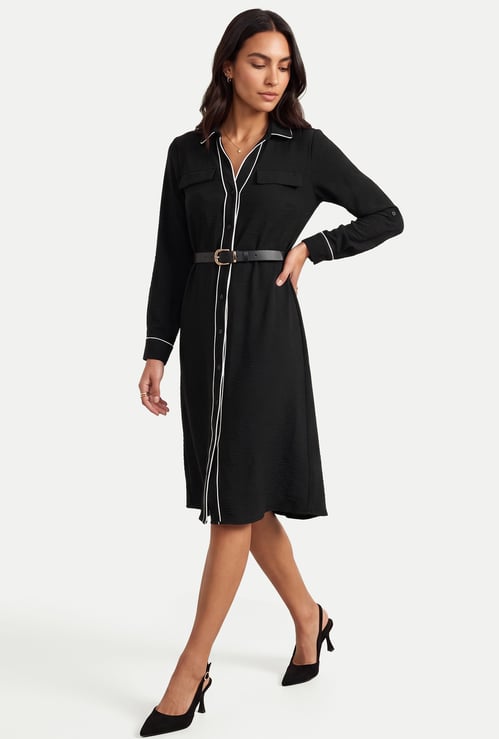 Women Solid Belted Shirt Dress