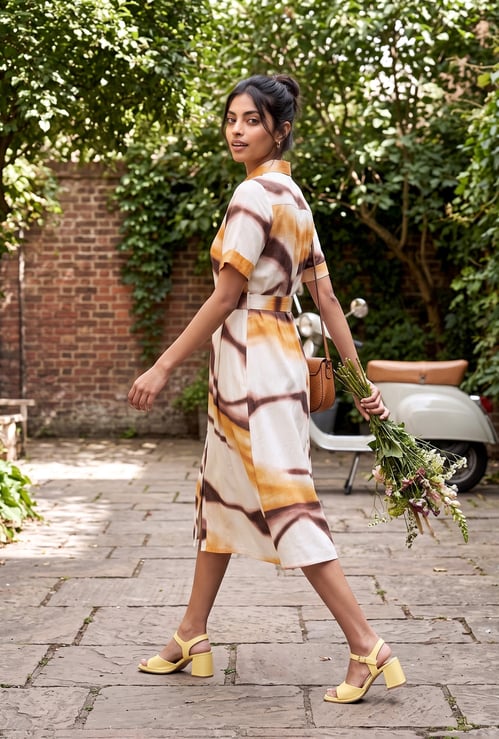 Women Printed Midi Dress with Belt