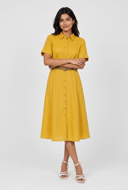 Women Solid Belted Midi Dress