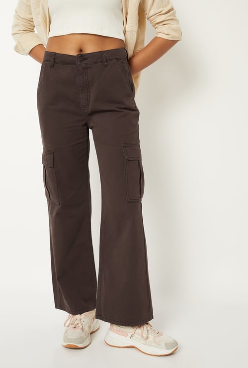 Women Solid High-Rise Cargo Jeans