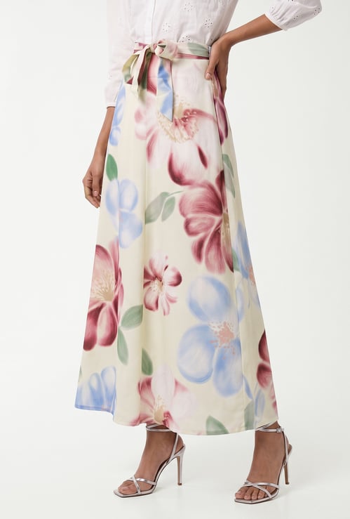 Women Floral Print Wrap Skirt
