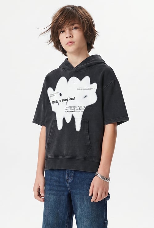 Boys Oversized Printed Hooded T-shirt